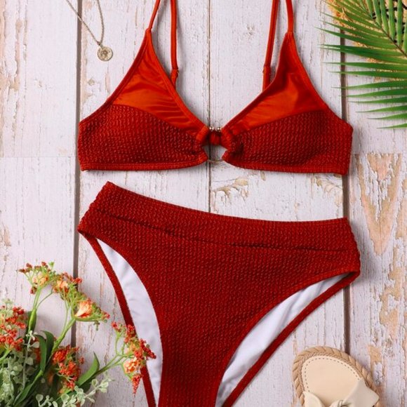 Rust brown retro bikini two piece swim suit two tone small medium gold - Picture 2 of 4
